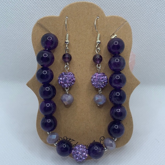 Handmade Amethyst Semiprecious Stone Silver Plated Adjustable Bracelet Earrings - Picture 1 of 6